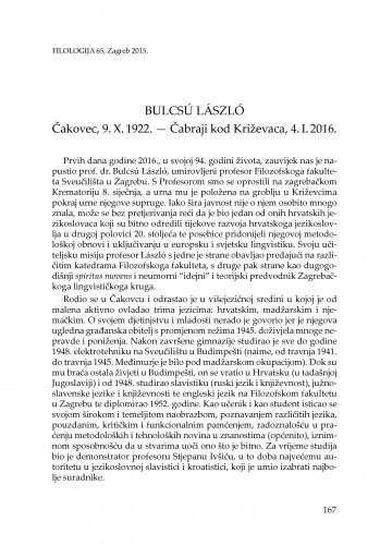 Bulcsú László : Čakovec, 9. X. 1922. - Čabraji kraj Križevaca, 4. I. 2016. : [in memoriam] / August Kovačec