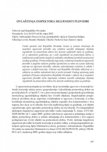 Ovlaštenja inspektora sigurnosti plovidbe (Vrhovni sud Republike Hrvatske, presuda br. Uzz 41/12-9 od 26. rujna 2017.) : [prikaz] / Vesna Skorupan Wolff