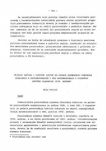 Utjecaj načina i gustoće sjetve na prinos sjemenskog kukuruza uzgajanog s navodnjavanjem u području istočne Slavonije 1978. godine / Mile Petrić