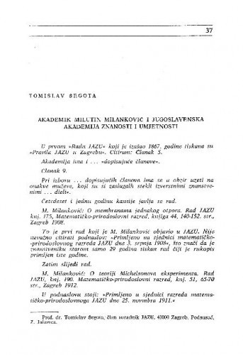 Akademik Milutin Milanković i Jugoslavenska akademija znanosti i umjetnosti / Tomislav Šegota