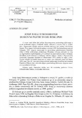 Josip Juraj Strossmayer duhovni pastir svoje biskupije / Andrija Šuljak