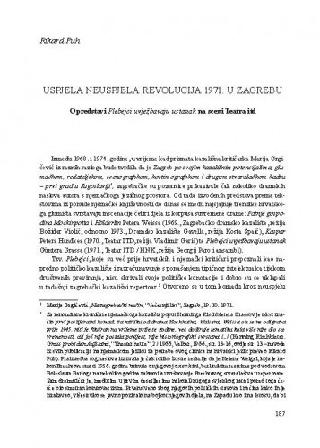 Uspjela neuspjela revolucija 1971. u Zagrebu : O predstavi Plebejci uvježbavaju ustanak na sceni Teatra ITD / Rikard Puh