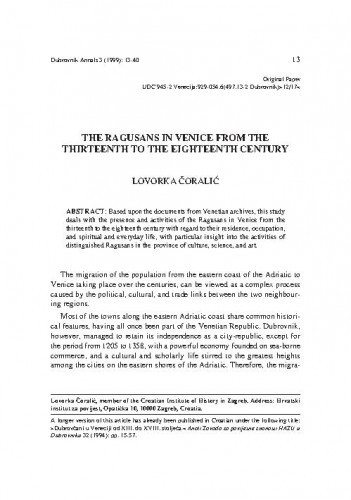 The Ragusans in Venice from the thirteenth to the eighteenth century / Lovorka Čoralić