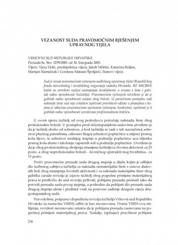 Vezanost suda pravomoćnim rješenjem upravnog tijela (Vrhovni sud Republike Hrvatske, presuda br. Rev 1259/2001 od 10. listopada 2001.) : [prikaz] / Vesna Skorupan Wolff