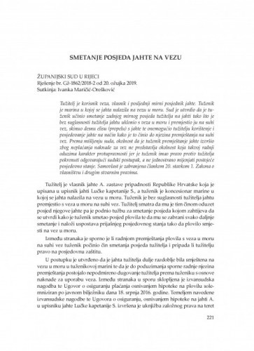 Smetanje posjeda jahte na vezu (Županijski sud u Rijeci, rješenje br. Gž-1862/2018-2 od 20. ožujka 2019.) : [prikaz] / Vesna Skorupan Wolff