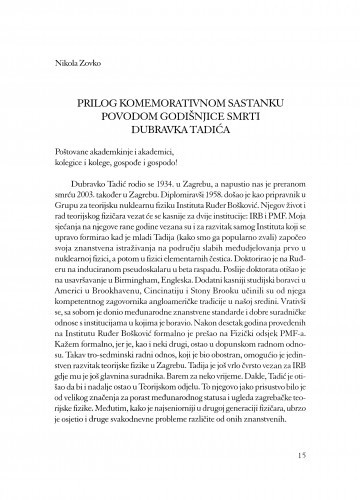 Prilog komemorativnom sastanku povodom godišnjice smrti Dubravka Tadića / Nikola Zovko
