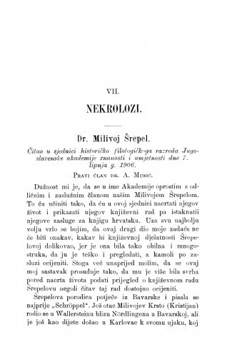 Dr. Milivoj Šrepel : [Nekrolog.] / A. Musić