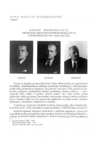 Andrija Mohorovičić profesor Arhitektonskog fakulteta (Tehničkog do 1957., AGG do 1962.) / Srebrenka Sekulić-Gvozdanović