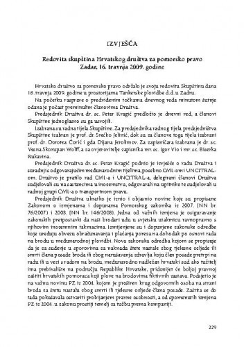 Redovita skupština Hrvatskog društva za pomorsko pravo, Zadar, 16. travnja 2009. godine : [izvješće] / Vesna Skorupan Wolff