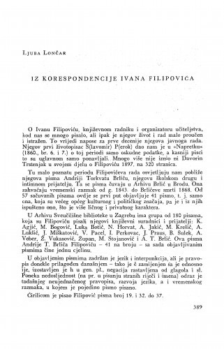 Iz korespondencije Ivana Filipovića / Ivan Filipović ; priopćio Lj. Lončar