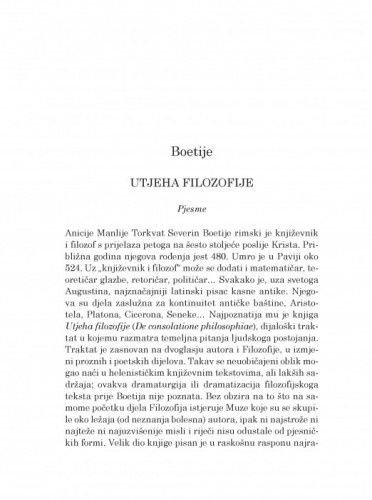 Utjeha filozofije : pjesme / Boetije ; s latinskog preveo Stjepan Pavić ; prepjevala Željka Čorak