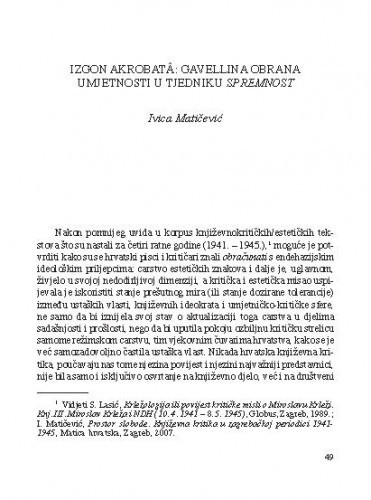 Izgon akrobata: Gavellina obrana umjetnosti u tjedniku Spremnost / Ivica Matičević