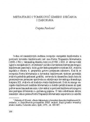 Metastasio i Tomiković između sjećanja i zaborava / Cvijeta Pavlović