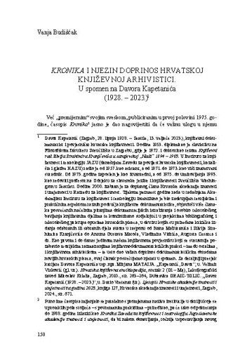 Kronika i njezin doprinos hrvatskoj književnoj arhivistici : u spomen na Davora Kapetanića (1928. – 2023.) / Vanja Budišćak