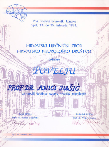 Povelja Hrvatskog neurološkog društva Anici Jušić 