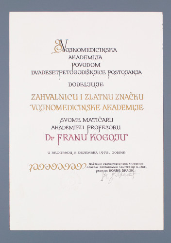 Zahvalnica Vojnomedicinske akademije Franu Kogoju