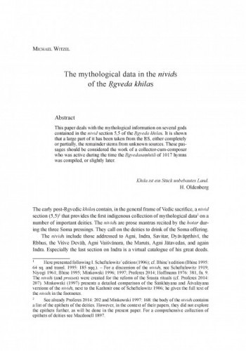 The mythological data in the nivids of the Ṛgveda khilas / Michael Witzel