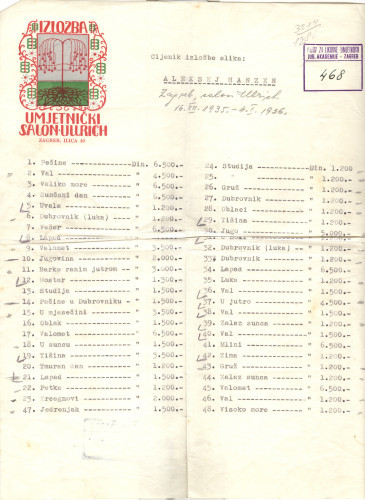 Cijenik izložbe slike: Aleksej Hanzen