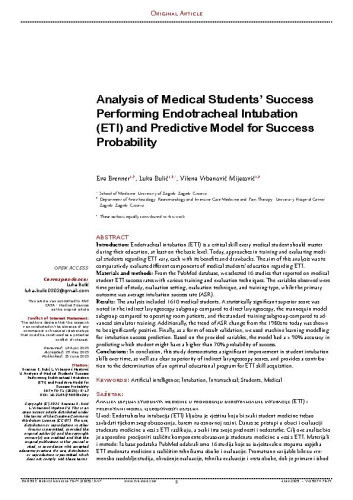 Analysis of Medical Students’ Success Performing Endotracheal Intubation (ETI) and Predictive Model for Success Probability / Eva Brenner, Luka Bulić, Vilena Vrbanović Mijatović