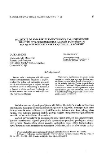 Muzički i dramatski elementi bogojavljenske igre Tractus stelle iz rukopisa Agenda pontificalis MR 165 Metropolitanske knjižnice u Zagrebu / Dujka Smoje