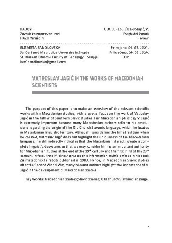 Vatroslav Jagić in the works of macedonian scientists / Elizabeta Bandilovska