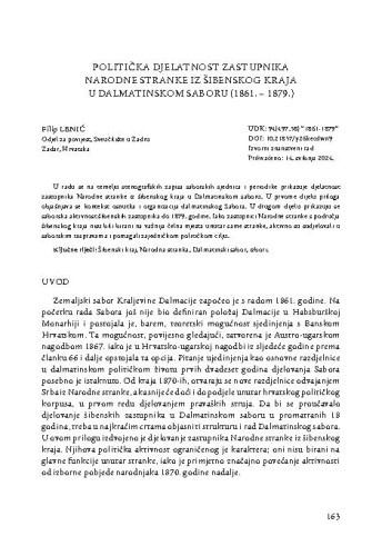 Politička djelatnost zastupnika Narodne stranke iz šibenskog kraja u Dalmatinskom saboru (1861. – 1879.) 
 / Filip Lenić