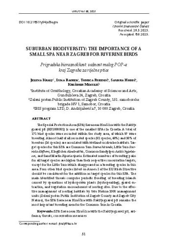 Suburban biodiversity: the importance of a small SPA near Zagreb for riverine birds / Jelena Kralj, Luka Basrek, Tomica Rubinić, Sandra Hodić, Krešimir Mikulić