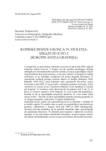 Koprske besede iz leta konca 19. stoletja: izrazi od R do Z (rokopis Antea Gravisija) / Suzana Todorović