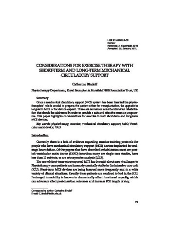 Considerations for exercise therapy with short-term and long-term mechanical circulatory support / Catherine Bindoff