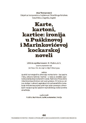 Karte, kartoni, kartice : ironija u Puškinovoj i Marinkovićevoj kockarskoj noveli / Ana Tomljenović