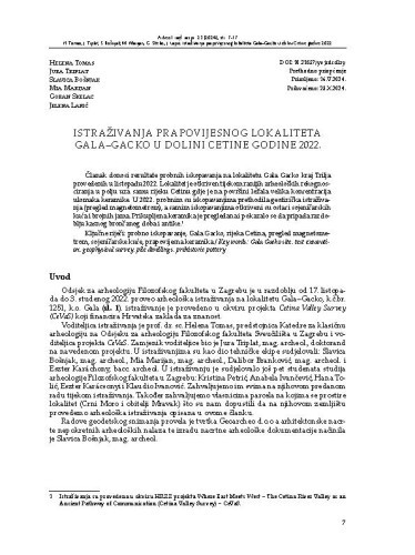 Istraživanja prapovijesnog lokaliteta Gala–Gacko u dolini Cetine godine 2022. / Helena Tomas, Jura Tiplat, Slavica Bošnjak, Mia Marijan, Goran Skelac, Jelena Lapić
