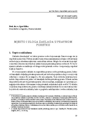 Mjesto i uloga zaklada u pravnom poretku / Igor Gliha