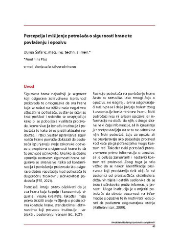 Percepcija i mišljenje potrošača o sigurnosti hrane te povlačenju i opozivu
 / Dunja Šafarić