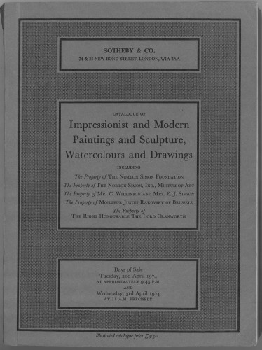 Catalogue of impressionist and modern paintings, sculpture, watercolours and drawings ... : days of sale Tuesday 2nd April 1974, ... Wednesday 3rd April 1974 ... / Sotheby & Co.