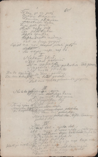 List sa zapisima četiriju pjesama: I., II., III., IV.