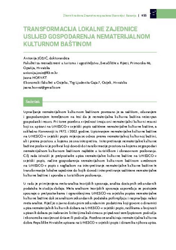 Transformacija lokalne zajednice uslijed gospodarenja nematerijalnom kulturnom baštinom / Antonija Jozić, Jasna Horvat