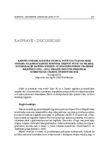 Kapitel Nodari. Legenda i istina. Osvrt na članak Maje Nodari »Glazbeni kapitel perivoja Crijević-Pucić na Pilama« iz publikacije Baština u knjizi – Iz konzervatorske i radijske bilježnice (1991.-2021.), izdanje Društva prijatelja dubrovačke starine, Dubrovnik 2024. / Koraljka Kos