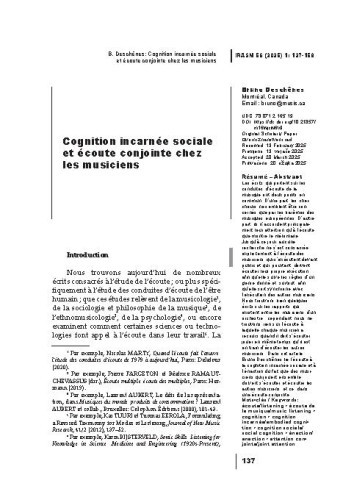 Cognition sociale incarnée et écoute conjointe chez les musiciens / Bruno Deschênes 