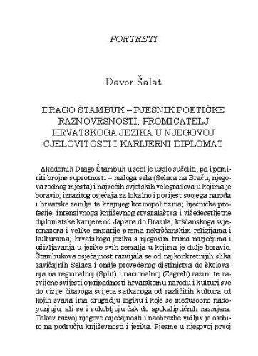 Drago Štambuk - pjesnik poetičke raznovrsnosti, promicatelj hrvatskoga jezika u njegovoj cjelovitosti i karijerni diplomat : portreti / Davor Šalat