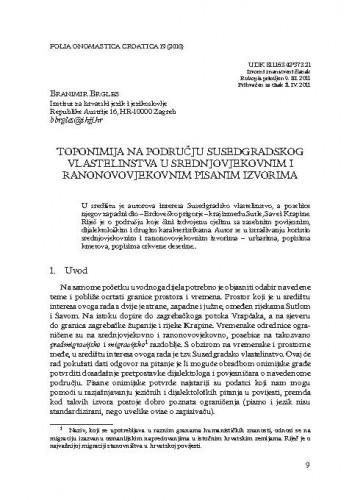 Toponimija na području Susedgradskog vlastelinstva u srednjovjekovnim i ranonovovjekovnim pisanim izvorima / Branimir Brgles