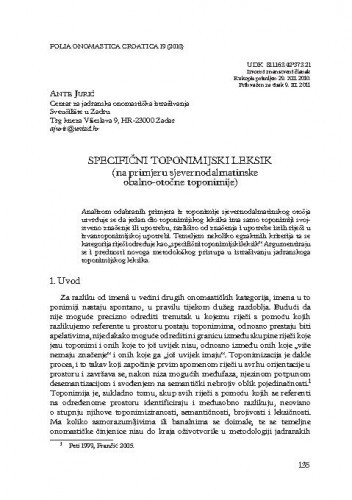 Specifični toponimijski leksik (na primjeru sjeverno-dalmatinske obalno-otočne toponimije) / Ante Jurić
