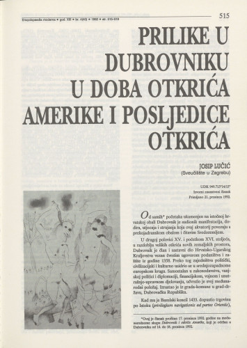 Prilike u Dubrovniku u doba otkrića Amerike i posljedice otkrića / Josip Lučić