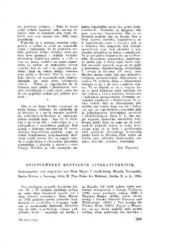Meisterwerke deutscher Literaturkritik, [hrsg. und eingel. von Hans Mayer. I i II] : [prikaz] / Vinko Žmegač [!]