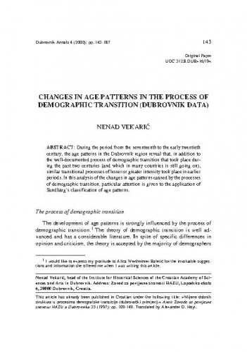 Changes in age patterns in the process of demographic transition : Dubrovnik data / Nenad Vekarić