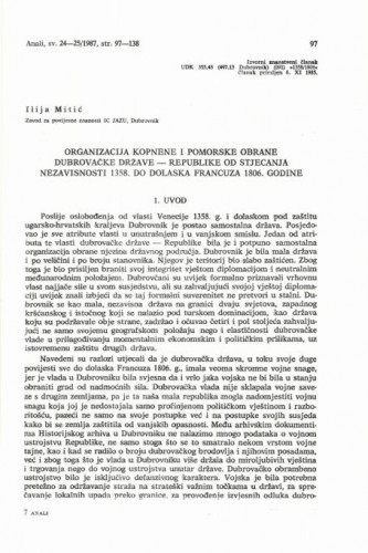 Organizacija kopnene i pomorske obrane dubrovačke države-republike od stjecanja nezavisnosti 1358. do dolaska Francuza 1806. godine / Ilija Mitić