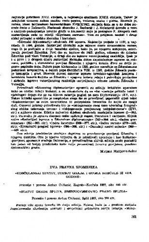 Dva pravna spomenika (Korčulanski statut i Statut grada Splita, priredio i preveo Antun Cvitanić) / Mirjana Matijević-Sokol
