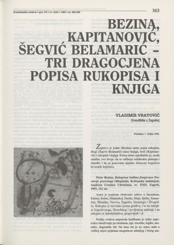 Bezina, Kapitanović, Šegvić Belamarić - tri dragocjena popisa rukopisa i knjiga / Vladimir Vratović