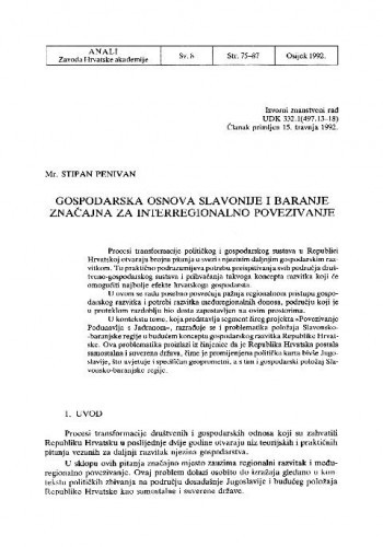 Gospodarska osnova Slavonije i Baranje, značajna za interregionalno povezivanje / Stipan Penivan