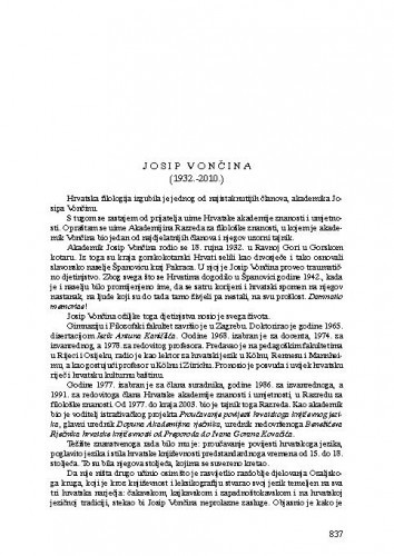 Josip Vončina (1932.-2010.) : [nekrolog] / Petar Šimunović