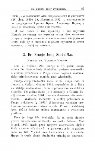 Dr. Franjo Josip Studnička : [Nekrolog.] / V. Varićak